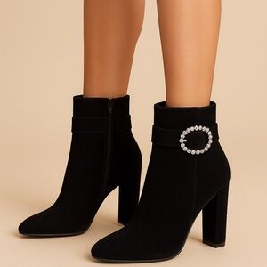 Dream Pairs Black Heeled Boots with Crystal Buckle